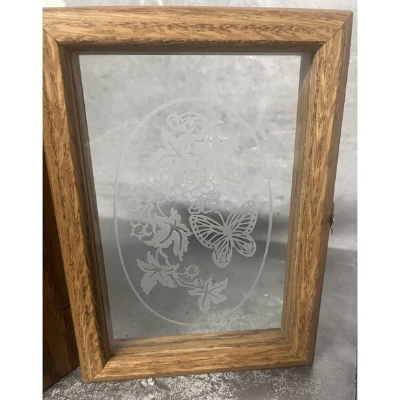 VTG‎ Wooden Hinged Jewelry Trinket Box Flowers Butterfly Glass Top Mirror Bottom - Picture 1 of 7